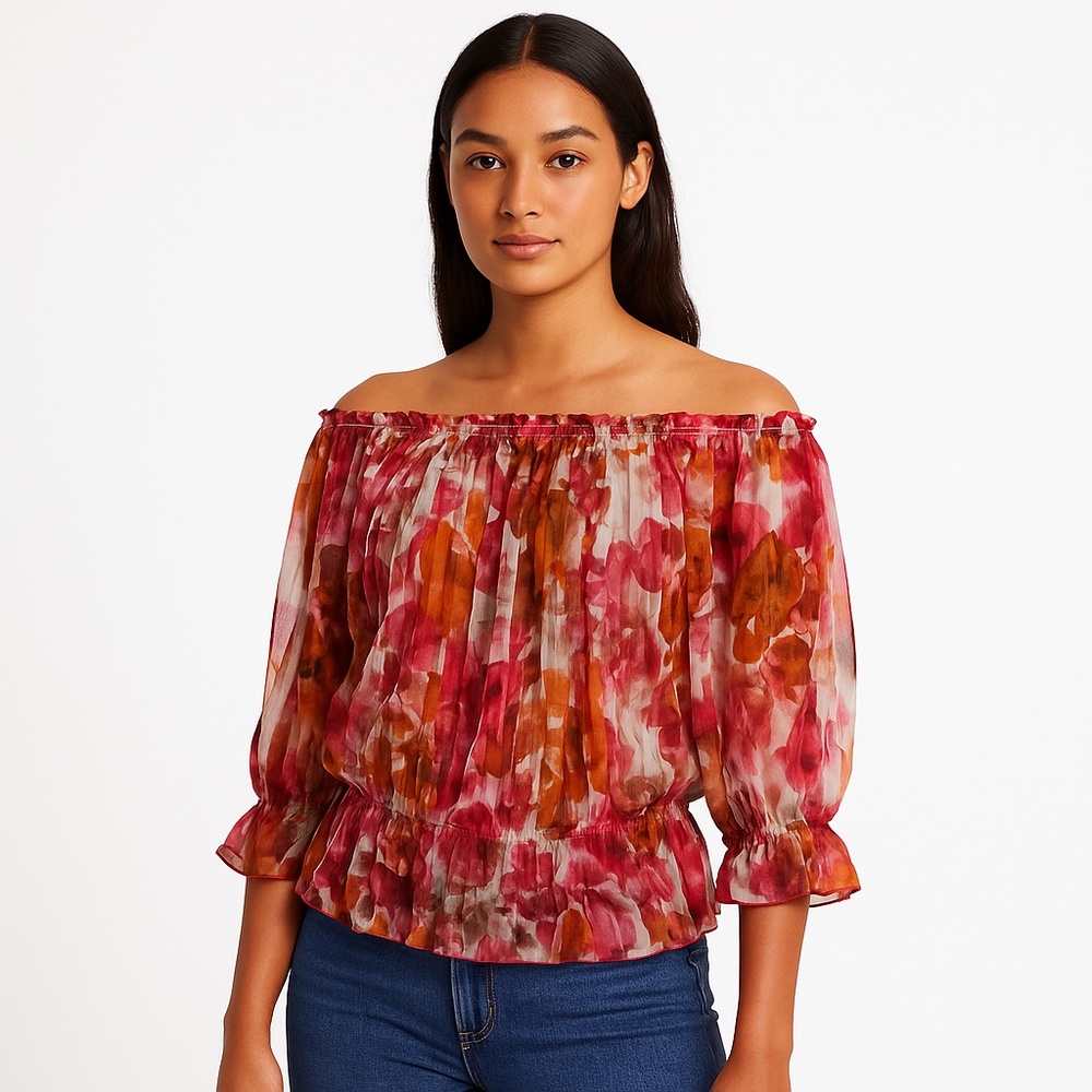 Urban Mango Floral Off Shoulder Boho Peasant Blouse Sheer Top S